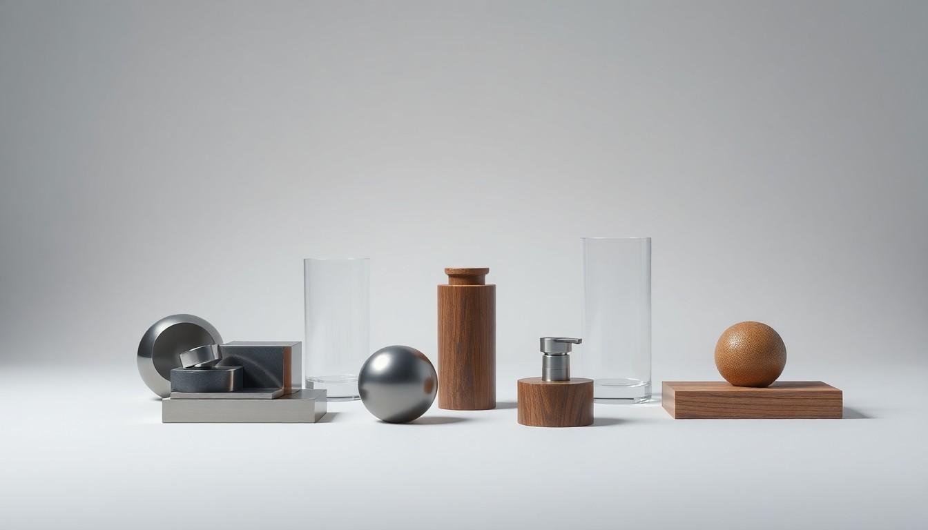 A minimalist studio still life featuring a collection of polished, geometric objects arranged elegantly on a clean, monochromatic background, conceptually representing the abstract corporate forces behind a transportation infrastructure project that is displacing a local business.