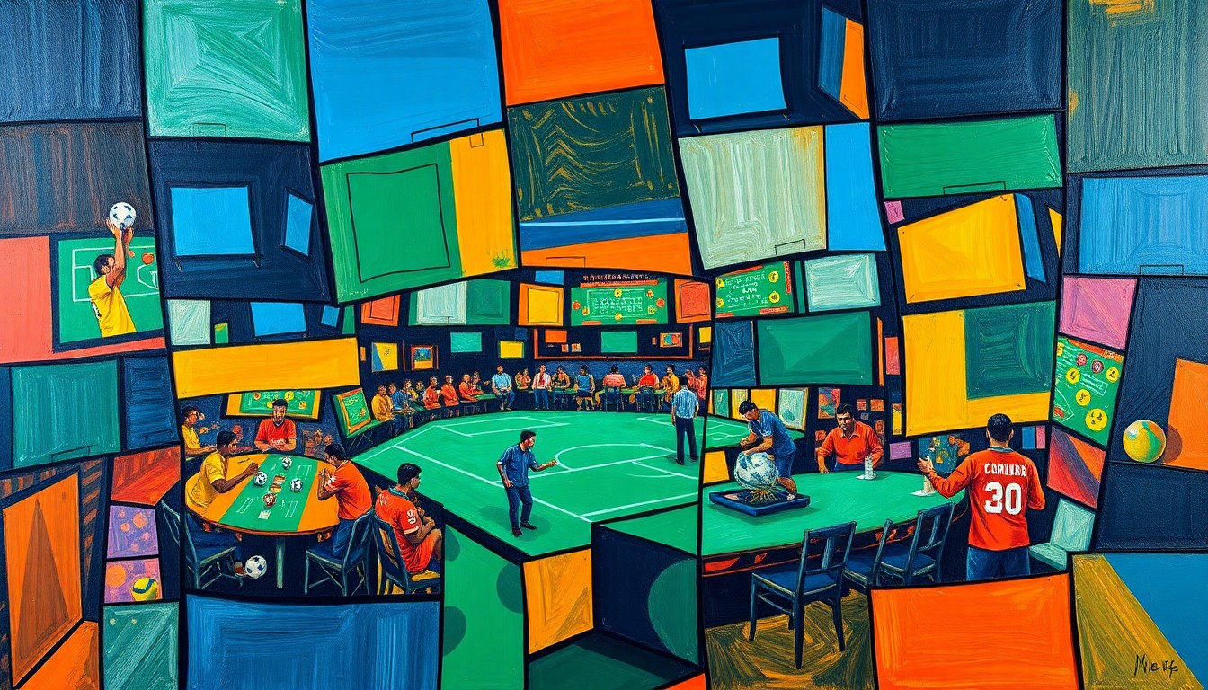 A cubist, geometric painting depicting fragmented and overlapping shapes in vibrant shades of blue, green, and orange, conceptually representing the complex dynamics of sports betting legalization in North Carolina.