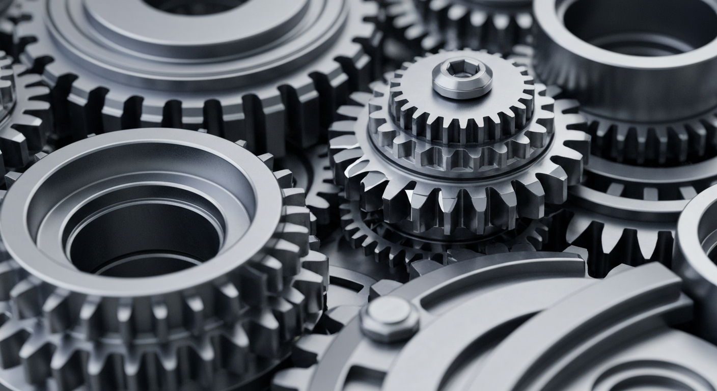 An extreme close-up of complex, interlocking metal gears and machinery in shades of silver, steel, and chrome, representing the secure, high-performance infrastructure of a leading cryptocurrency exchange.