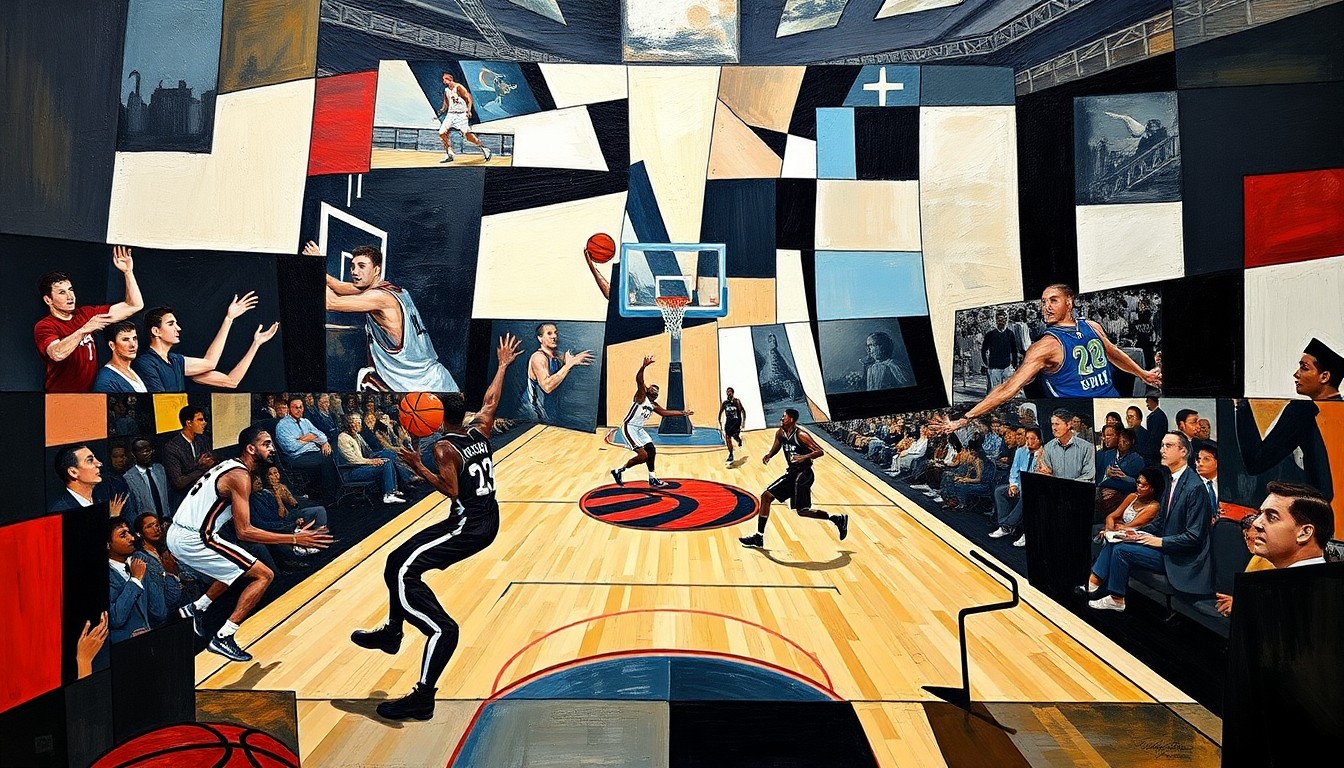 A cubist, geometric painting depicting the dynamic movements and energy of a basketball game between the San Antonio Spurs and Portland Trail Blazers, with the court and players abstracted into sharp, overlapping planes of color.