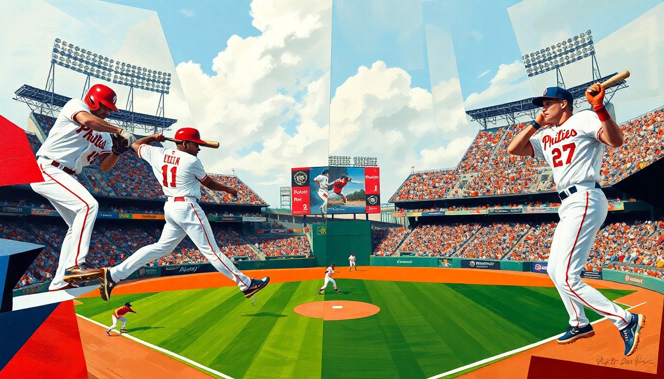 A cubist, geometric painting depicting a baseball game between the Phillies and Giants, with the players' movements and the field of play broken down into abstract shapes and angles in the team's colors.