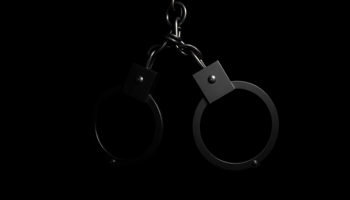 An extreme close-up of a pair of handcuffs against a stark black background, highlighting the gritty, investigative nature of this crime story.