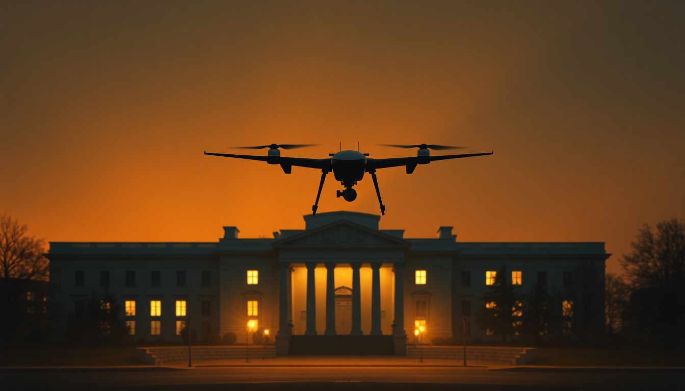 A cinematic painting of a solitary military drone hovering over a dimly lit government building, the drone's presence casting a foreboding shadow across the scene in warm, dramatic lighting.