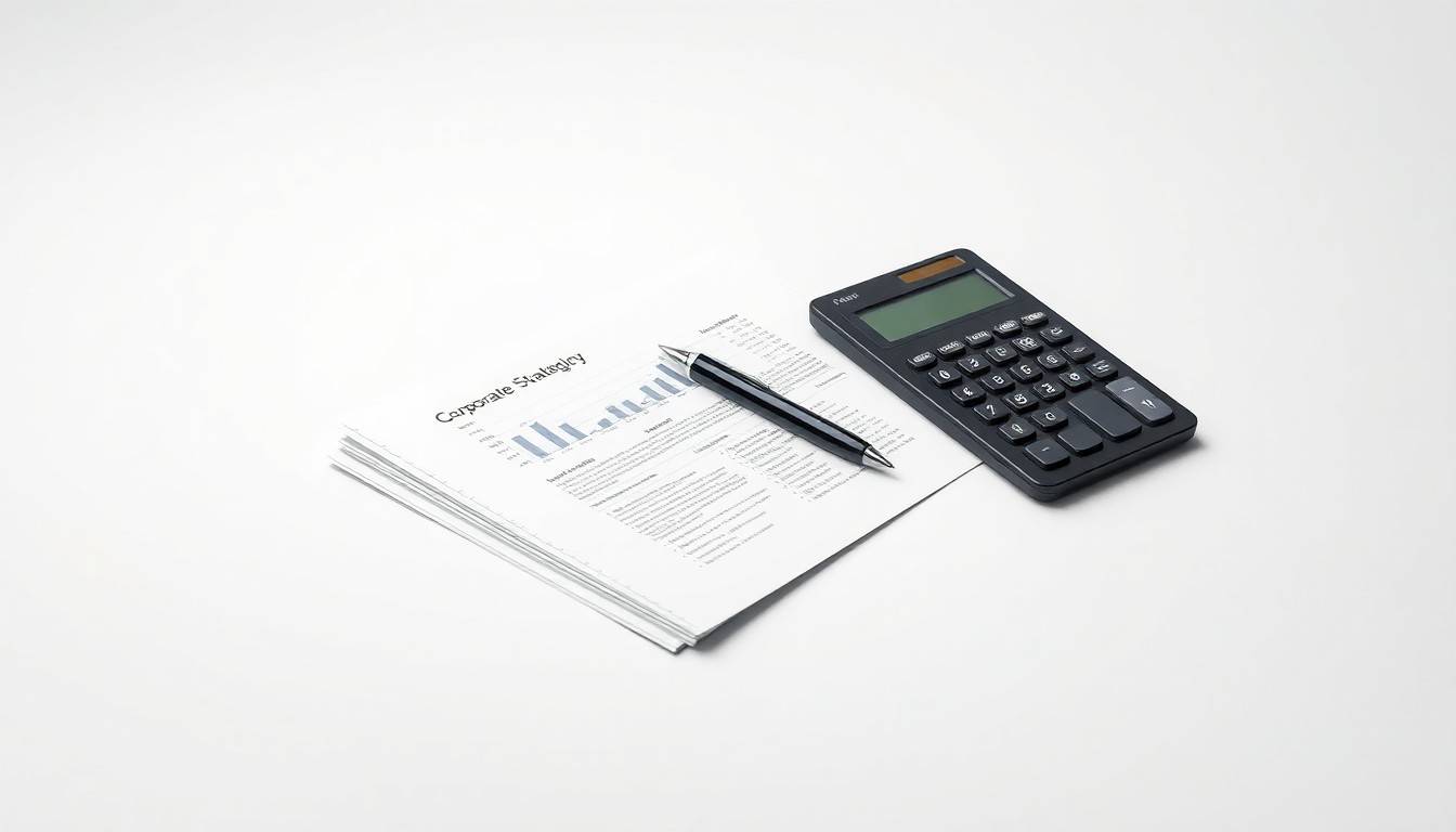 A high-end, photorealistic studio still-life photograph featuring a stack of financial documents, a pen, and a calculator arranged elegantly on a clean, monochromatic seamless background, conceptually representing the abstract concepts of corporate strategy, finance, and risk.