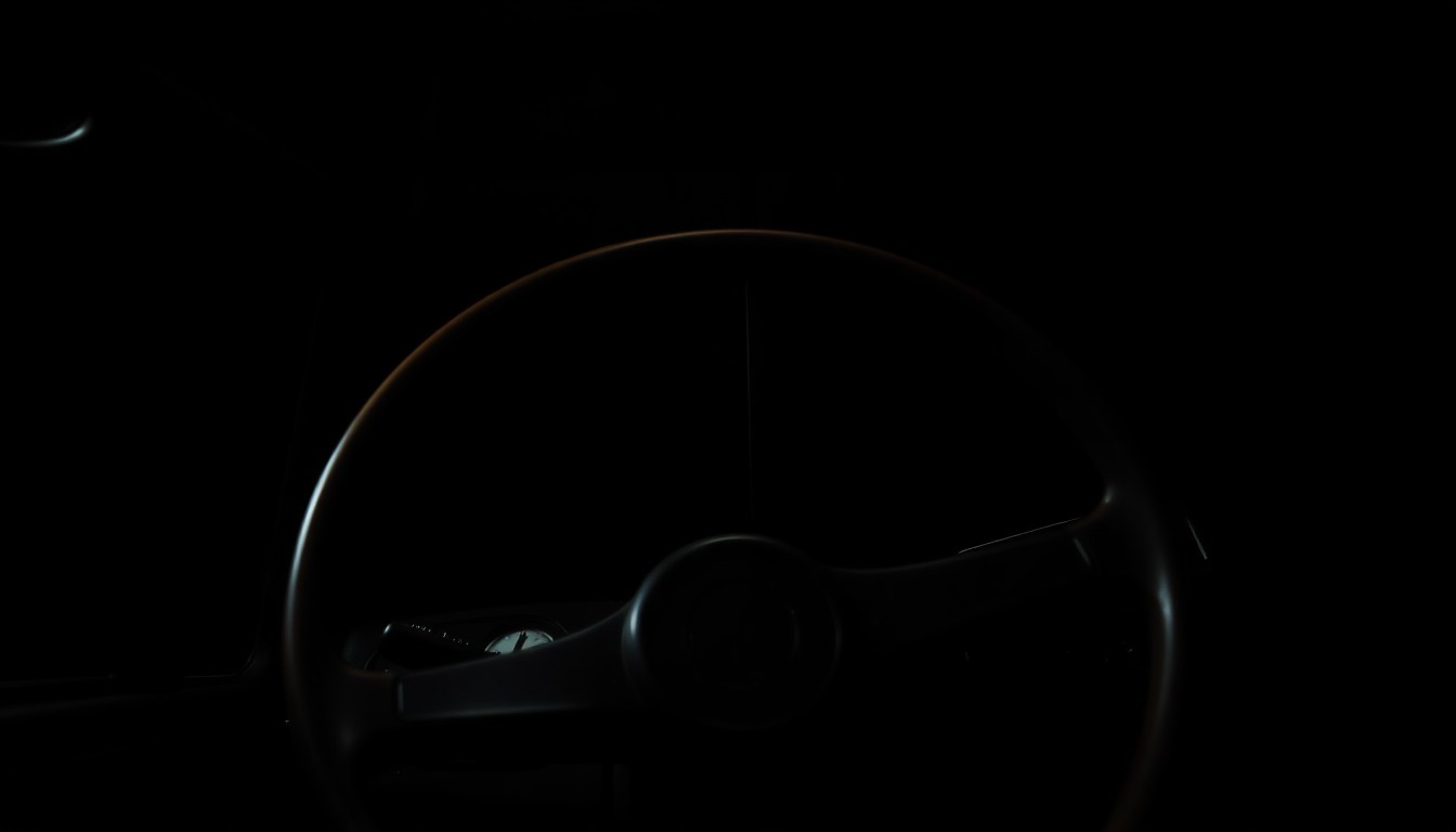 An extreme close-up photograph of a school bus steering wheel and dashboard controls, lit by a harsh, direct camera flash against a pitch-black background, creating a stark, gritty, investigative aesthetic.