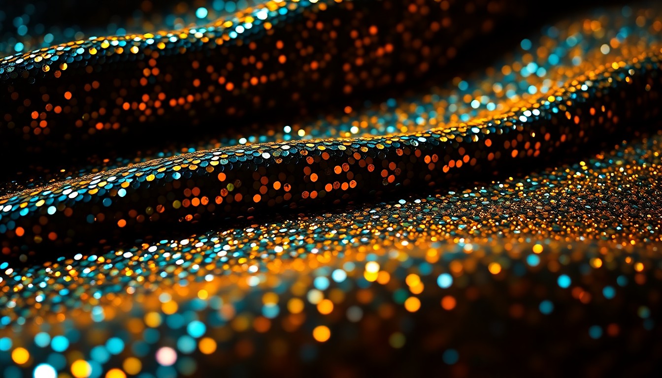An extreme close-up of shimmering, high-contrast sequins reflecting dramatic studio lighting, conceptually representing the glamour and luxury of the entertainment industry.