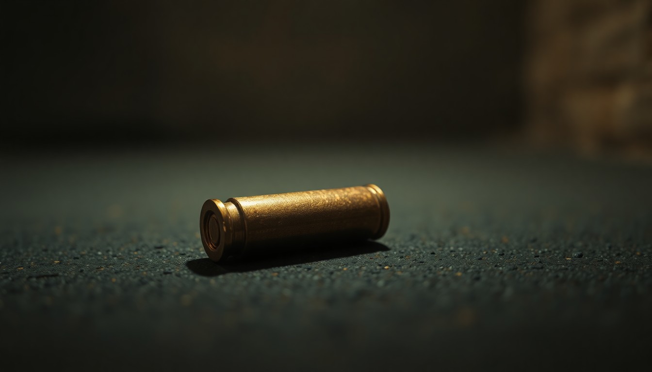 An extreme close-up of a spent bullet casing on a dark concrete surface, lit by a harsh, direct camera flash, conceptually representing the investigation into the disputed details of the Minneapolis shooting incident.