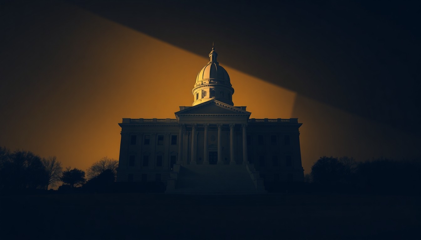 A photorealistic painting of the Wisconsin state capitol building, with the grand structure bathed in warm, golden light and deep shadows, creating a contemplative, cinematic mood that reflects the high stakes of the upcoming Supreme Court election.