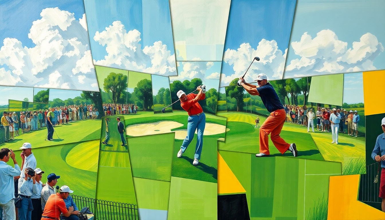 A cubist, geometric painting depicting a golf tournament, with overlapping shapes and planes representing the dynamic action of the sport.