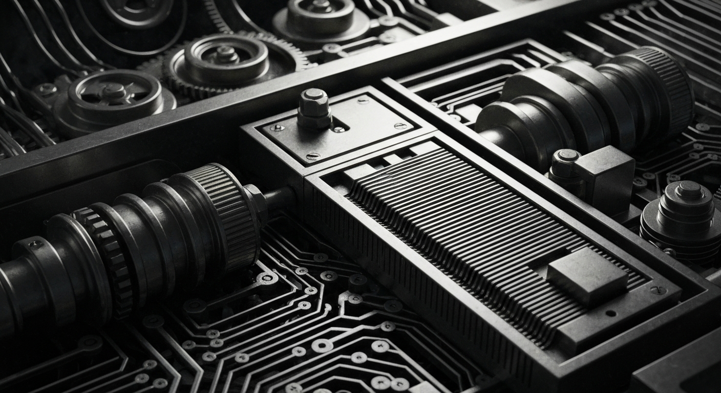 An extreme close-up of interlocking metal gears, circuits, and levers in shades of silver, black, and blue, conceptually representing the expanding financial infrastructure of the cryptocurrency industry.