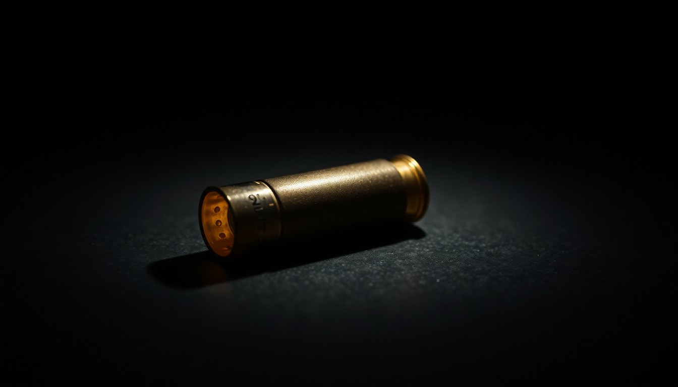 An extreme close-up photograph of a single spent shell casing on a dark, shadowy surface, lit by a harsh camera flash, conceptually representing the violence of the shooting incident involving the rapper Offset.