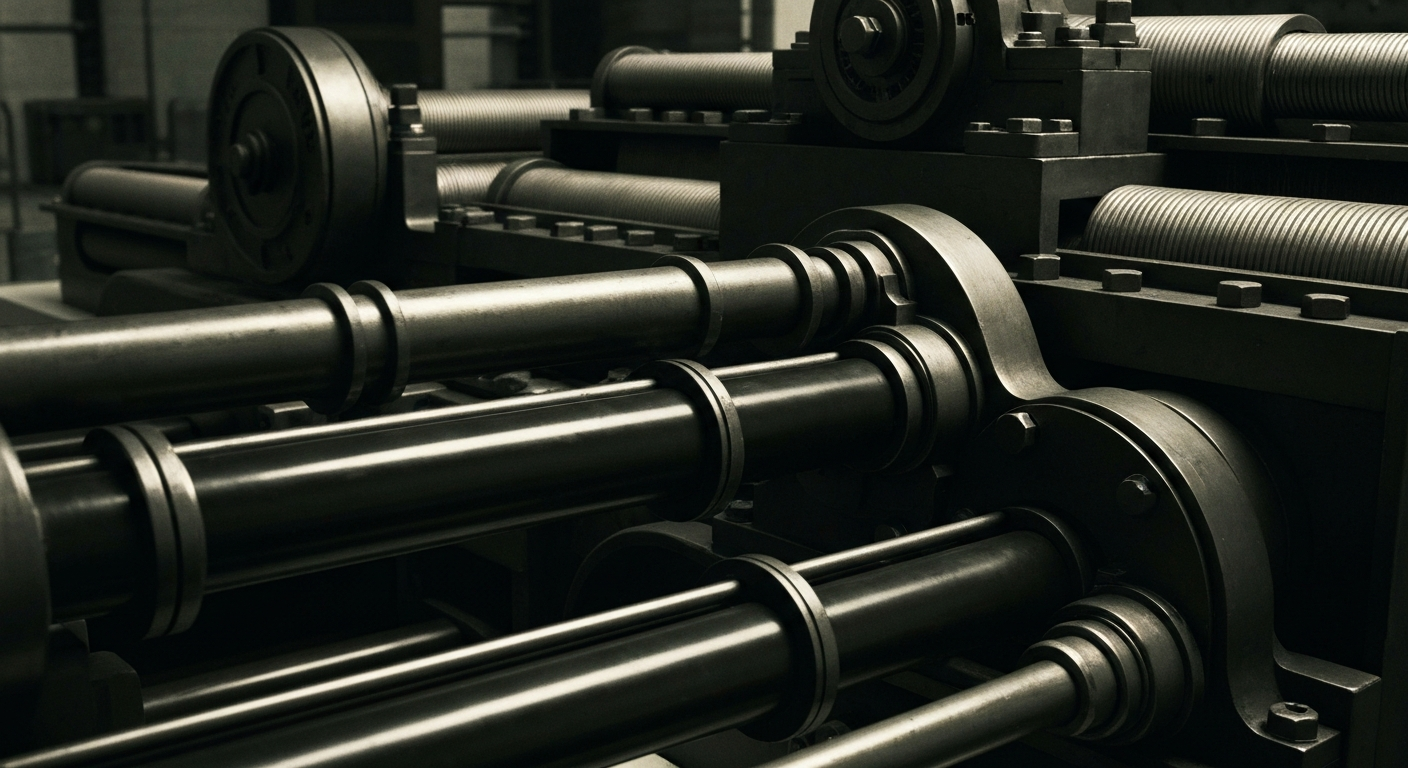 An extreme close-up of complex, industrial banking equipment and machinery, conveying a sense of financial security and institutional power through its heavy, textured, and cinematic visual style.