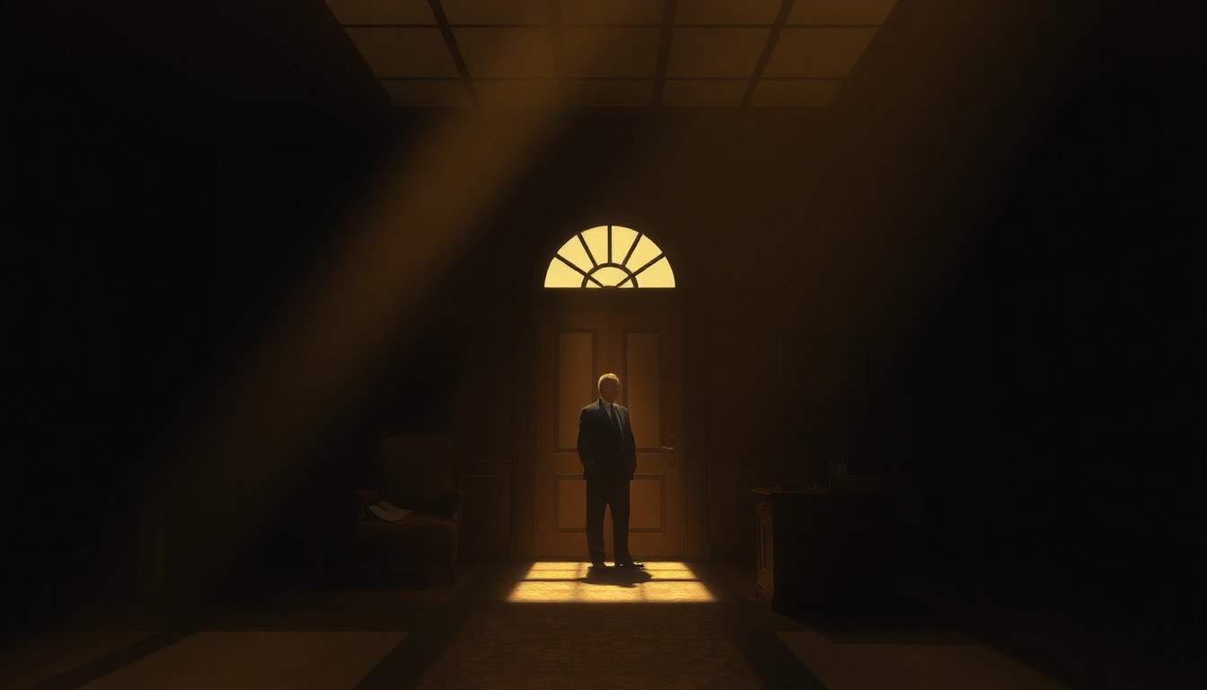 A dimly lit, cinematic painting of a solitary political figure sitting alone in a government office, with warm sunlight streaming in through the window and deep shadows enveloping the room, creating a palpable sense of tension and uncertainty.