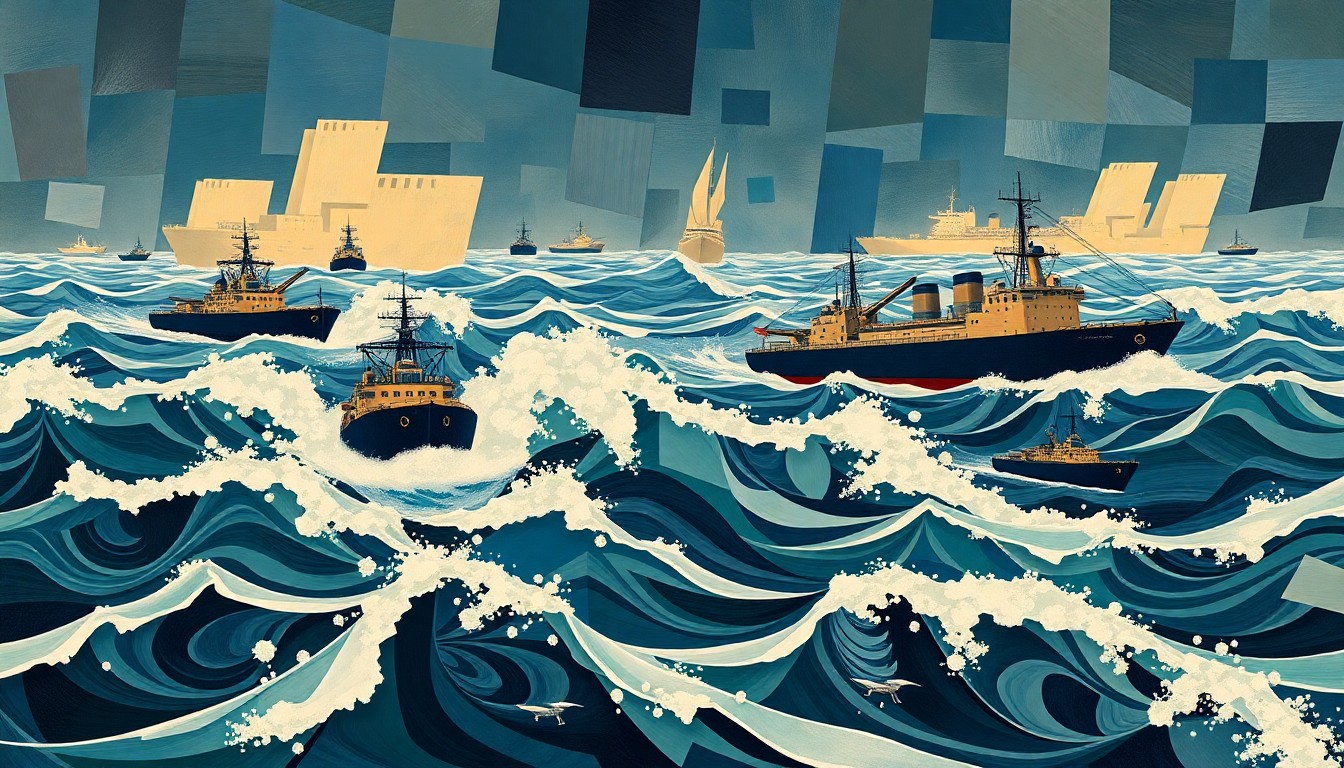 A vibrant, abstract painting featuring overlapping, fractured shapes and geometric patterns in shades of blue, green, and red, conceptually representing the chaotic movement and competing forces in the Strait of Hormuz.