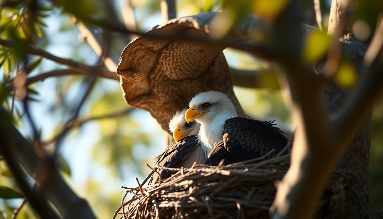 A soft, impressionistic photograph of two baby bald eagles nestled in their treetop home, surrounded by a warm, hazy glow of natural light, conveying the delicate beauty and intimate connection between the public and the conservation of these majestic birds.