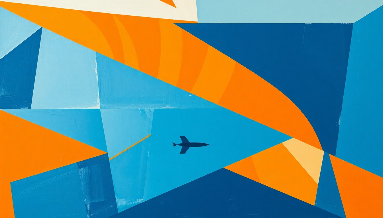 A fragmented, cubist-style painting depicting a WNBA basketball game, with the players and court broken down into sharp, overlapping geometric shapes in shades of blue and orange, conceptually representing the Sky's roster changes.