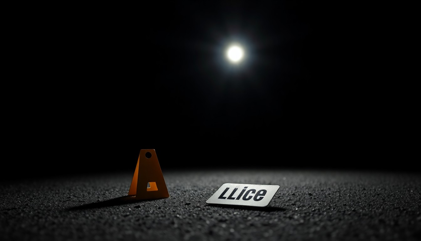 An extreme close-up photograph of a police evidence marker on the ground, lit by a harsh, direct camera flash against a pitch-black background, conceptually illustrating the investigative nature of recent violent incidents in downtown Fresno.