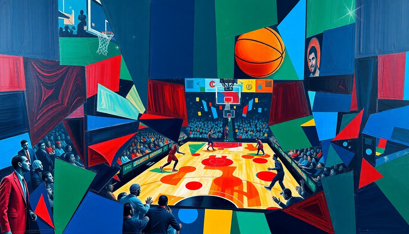 A fragmented, abstract painting depicting a basketball game, with sharp geometric shapes in navy, green, and red overlapping to create a dynamic, energetic composition.