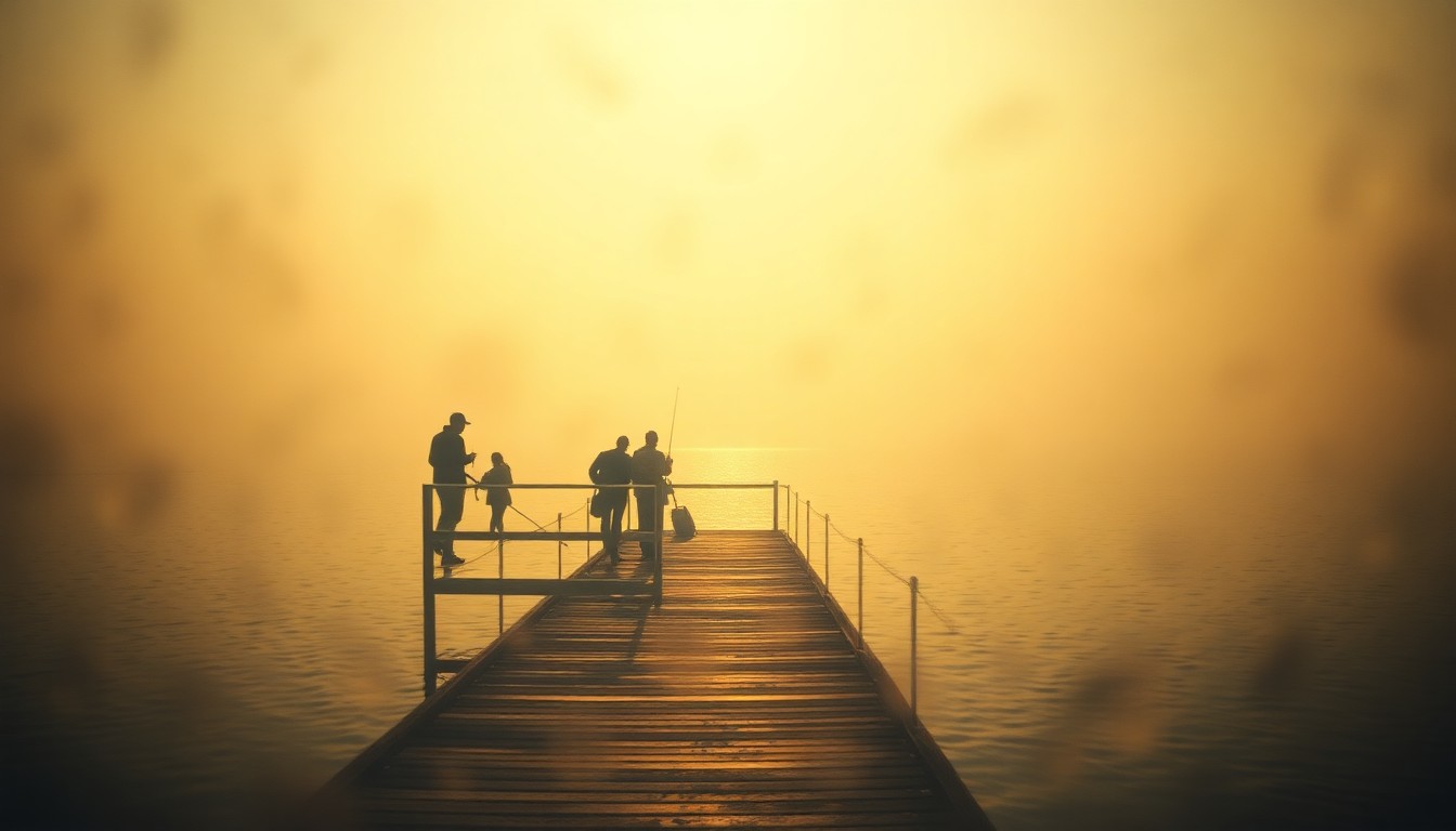 An impressionistic, out-of-focus photograph depicting the silhouettes of people fishing on a wooden pier, with the water and sky blurred into soft, warm pools of light and color, conveying a nostalgic, dreamlike atmosphere.