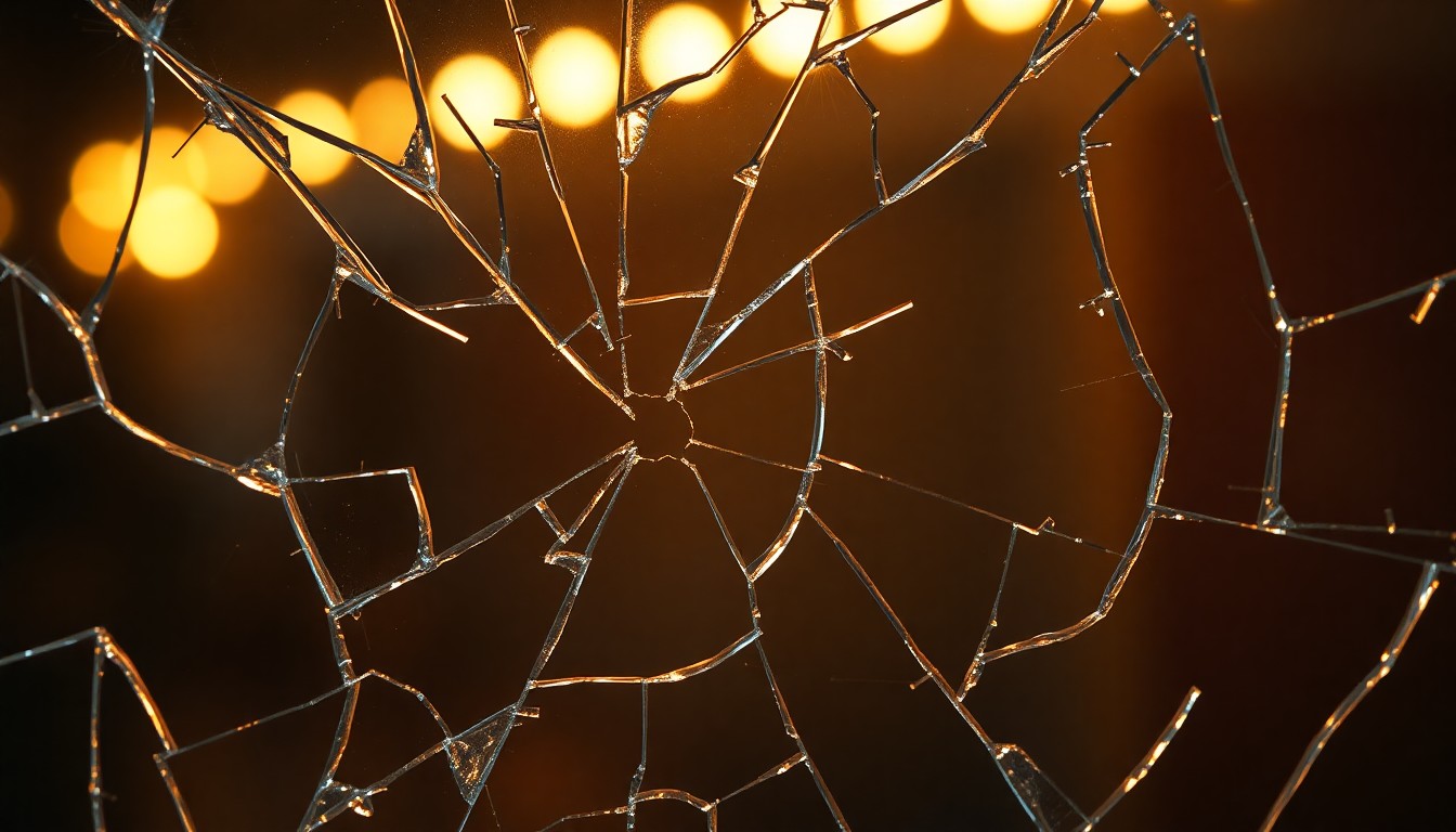 An abstract close-up image of a shattered glass surface reflecting a warm, soft light, conveying the fragility and resilience of a TV personality's return to work after a personal crisis.