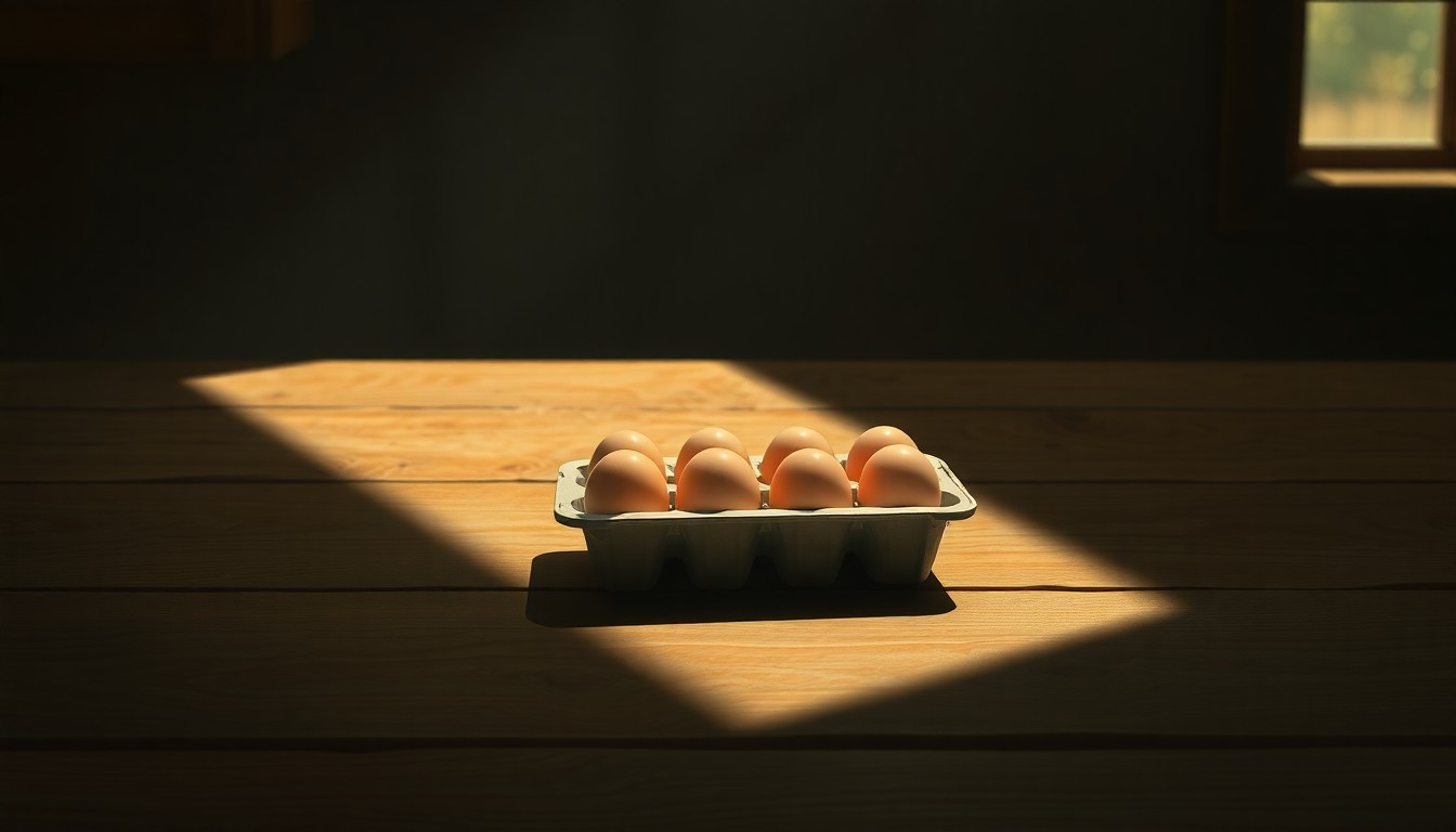 A close-up painting of a carton of eggs on a wooden table, with warm lighting and deep shadows creating a pensive, nostalgic mood.