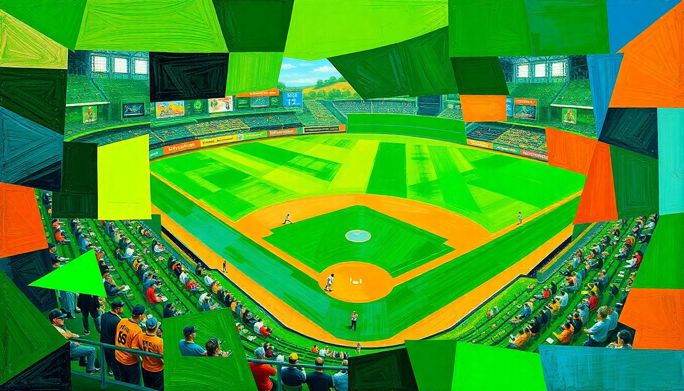 A cubist, geometric painting depicting a baseball game broken down into overlapping planes of bright green, blue, and orange shapes, conveying the competitive energy and challenges faced by the Midland University baseball team.