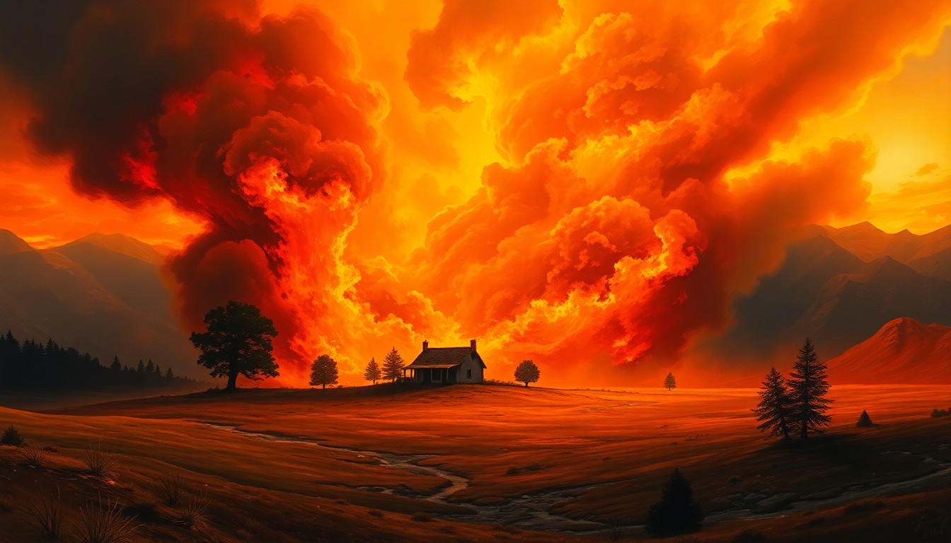A sweeping, atmospheric landscape painting depicting a small home engulfed in a massive wildfire, conveying the overwhelming scale and destructive force of the natural disaster.