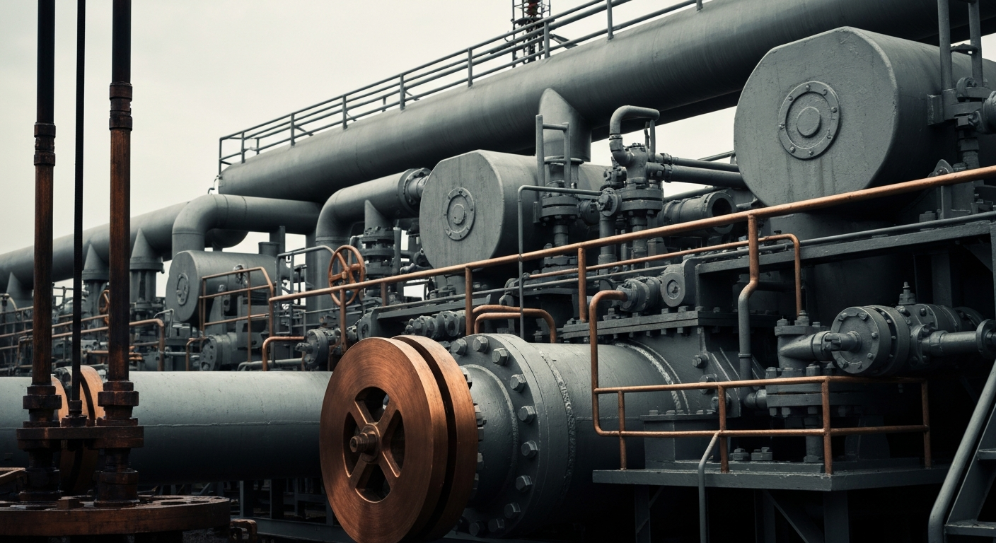 An extreme close-up of rugged, industrial oil and gas equipment in muted metallic tones, conceptually representing the tangible financial infrastructure and operations of California Resources.