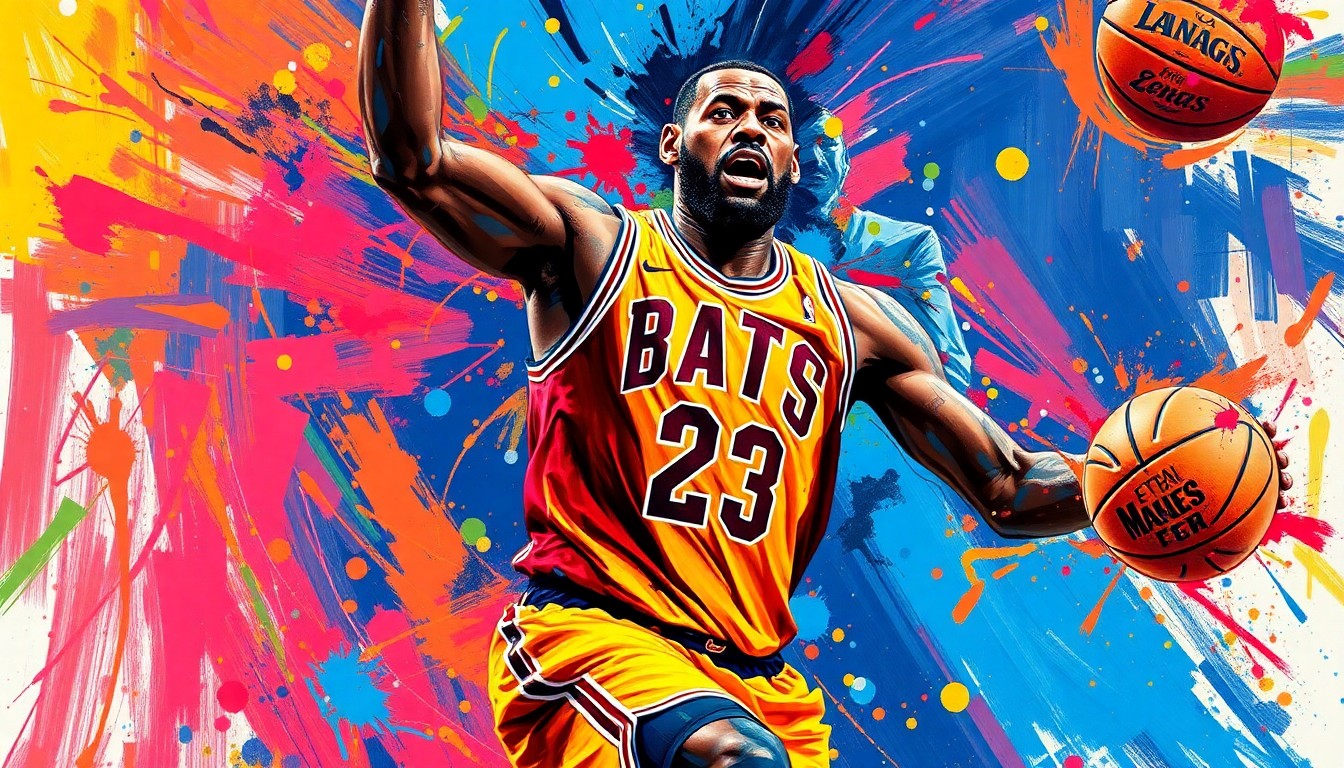 An abstract, expressionist painting featuring bold, neon-colored brushstrokes that capture the raw energy and intensity of LeBron James driving to the hoop, his face and jersey dissolving into unrecognizable splatters of paint.