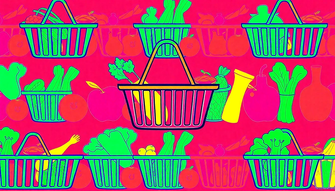 A highly stylized, abstract grid of brightly colored, silkscreened images of organic fruits and vegetables, conceptually representing the diverse product selection and community-focused values of a local natural foods cooperative.