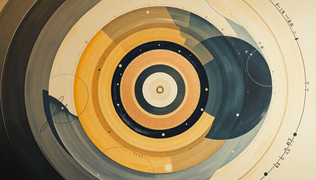 A bold, abstract painting in the style of Hilma af Klint, featuring sweeping geometric arcs, concentric planetary circles, and precise spirals in earthy tones, conveying the structural order and complex forces of space exploration.