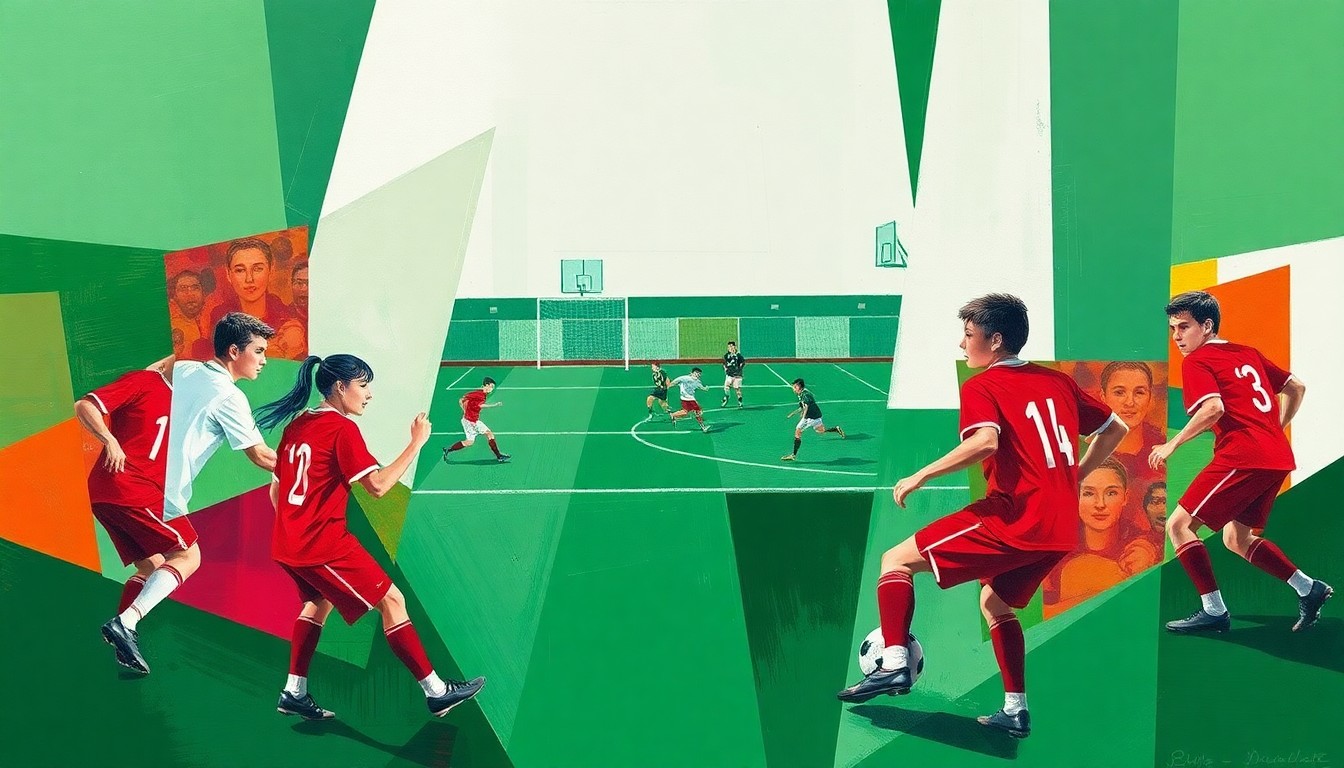 A cubist, geometric painting depicting the chaotic action of a high school soccer match, with overlapping planes of green, white, and red representing the players, field, and ball.