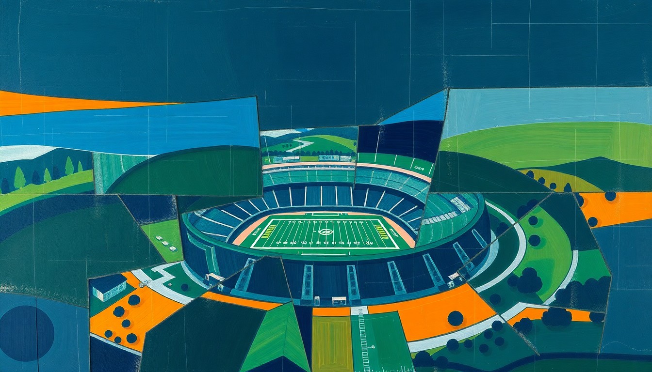 A fragmented, geometric painting depicting the outline of a football stadium and surrounding landscape, rendered in a palette of navy, green, and orange, conveying the complex and multifaceted implications of the proposed development.