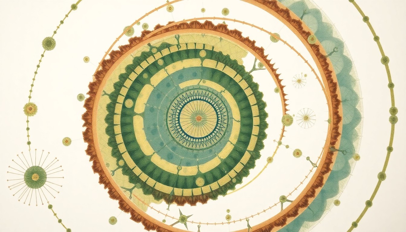 A highly structured abstract painting in muted earth tones, depicting sweeping geometric arcs, concentric circles, and precise botanical spirals, conceptually representing the microscopic delivery of cancer-fighting drugs via 3D-printed spanlastic carriers.