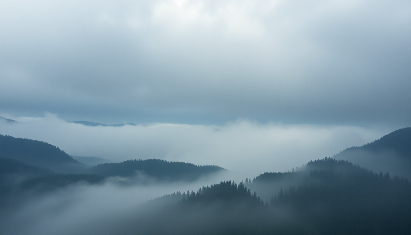 A sweeping, atmospheric landscape painting in muted tones of gray, blue, and green, with the outline of hills and trees barely visible through a thick, swirling fog.