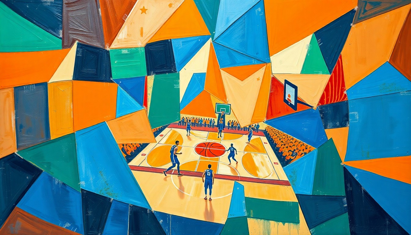 A cubist, geometric painting depicting a fragmented basketball game, with sharp, overlapping shapes in vibrant blue, orange, and green hues, conveying the intensity and difficulty of officiating a national title matchup.