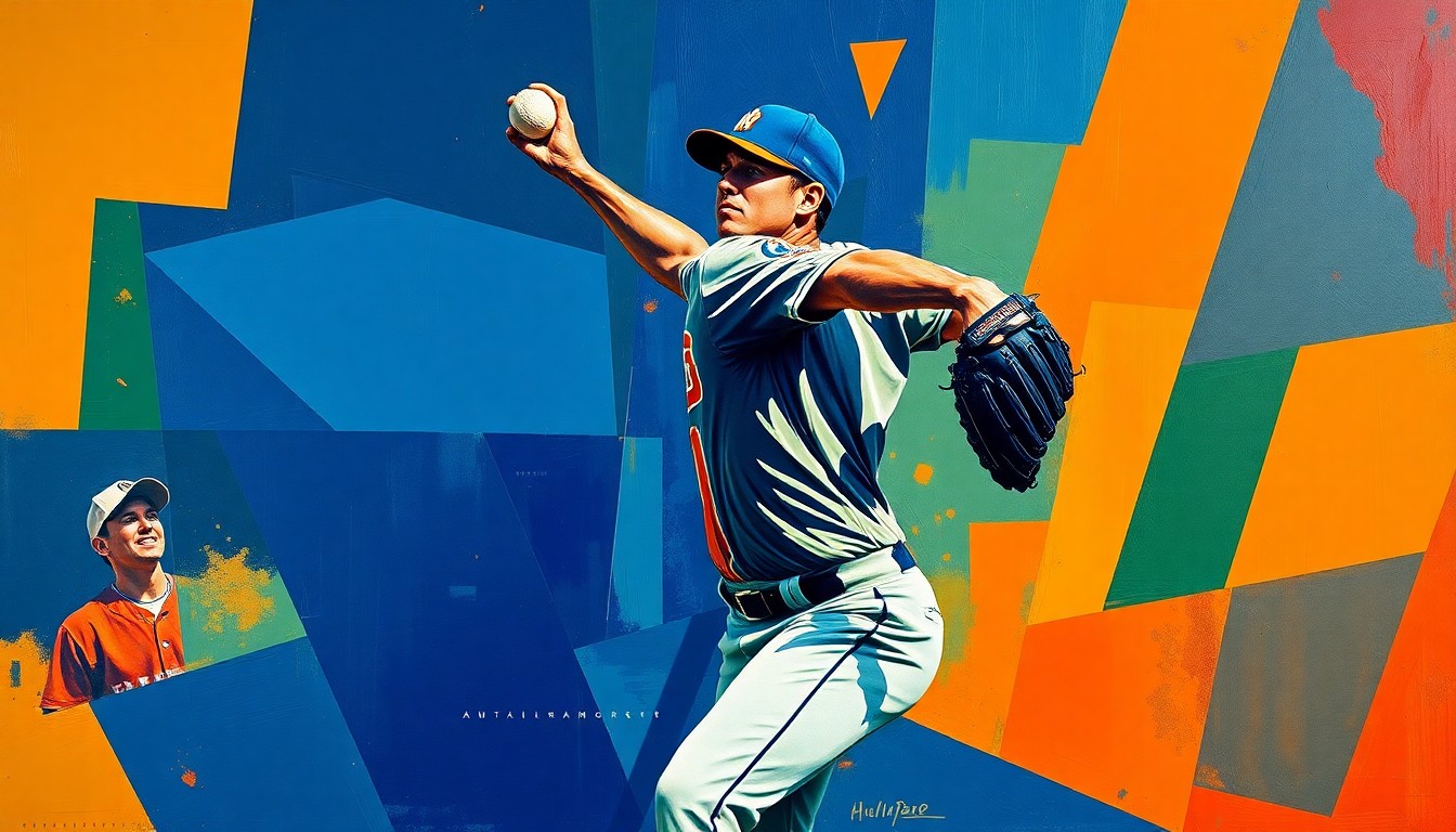 A cubist, multi-perspective painting depicting a baseball pitcher's delivery broken down into sharp, overlapping geometric shapes in a vibrant color palette, conveying the dynamic energy of the sport.