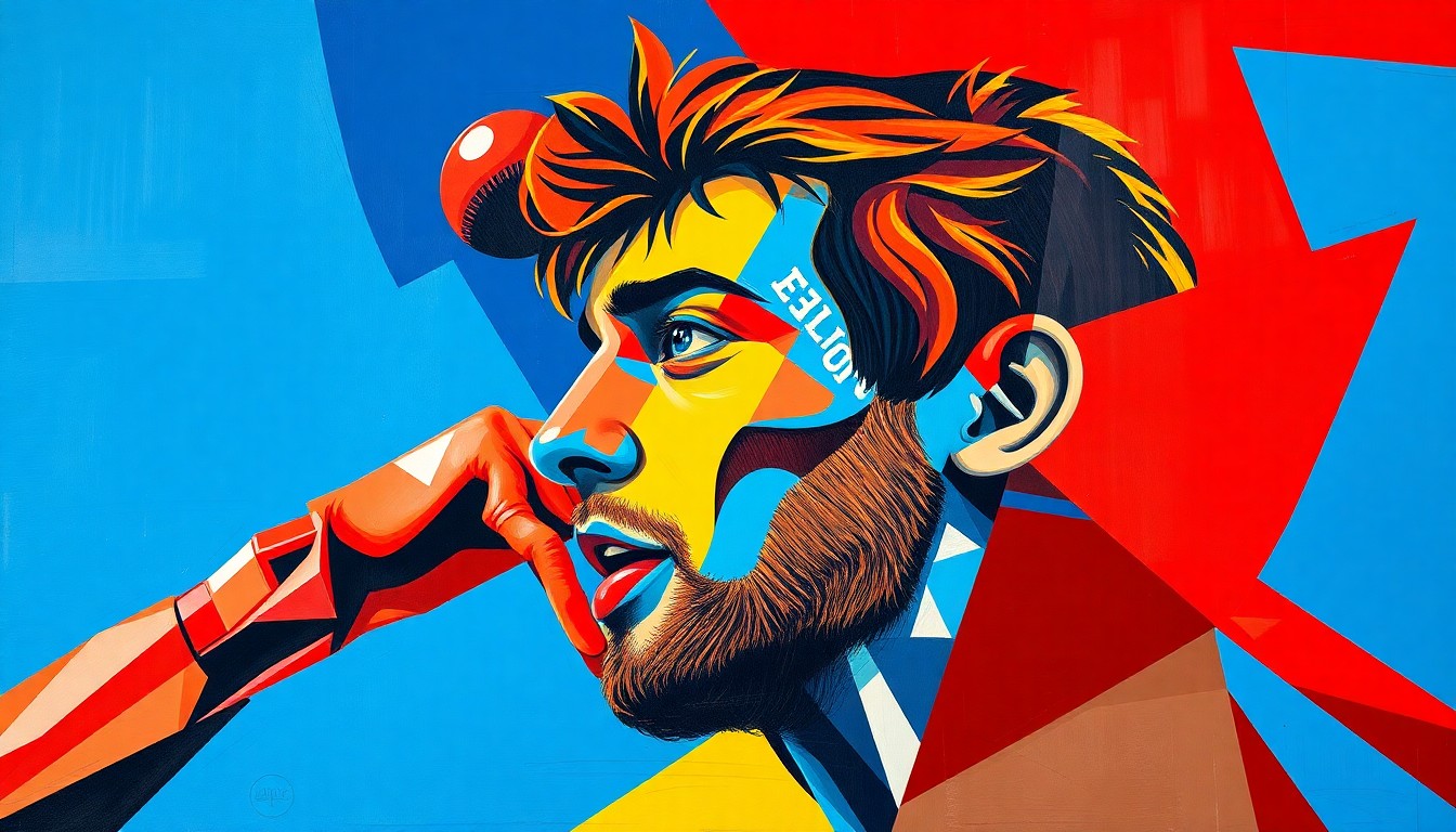 A fragmented, cubist-style painting depicting the dynamic movements and emotional intensity of a basketball player in action, conveying the conceptual themes of reinvention and triumph over adversity.