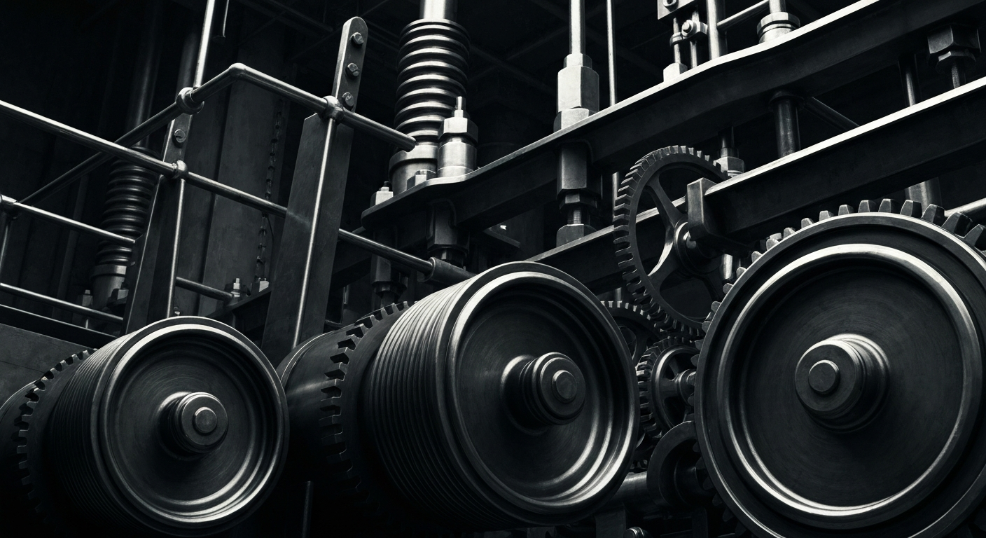 A close-up, cinematic view of intricate banking machinery and financial infrastructure, rendered in a high-contrast, industrial style that conveys a sense of power, security, and the complex inner workings of the financial system.