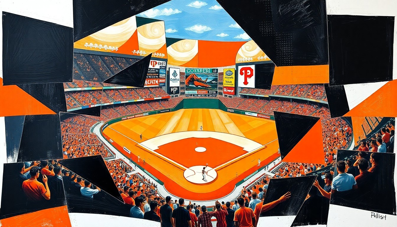A fractured, geometric painting depicting a baseball game in motion, with overlapping shapes and planes in vibrant colors representing the action on the field.