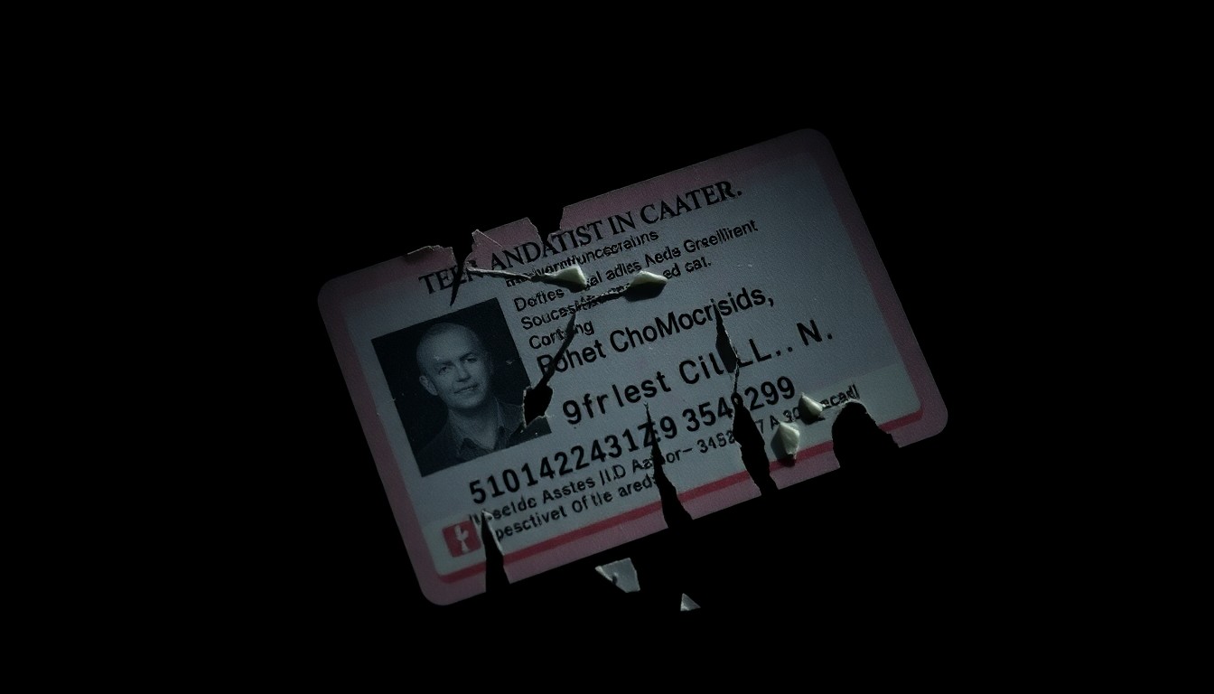 An extreme close-up of a shredded government ID card, the edges frayed and the surface marred by deep scratches, conveying the gritty, investigative nature of identity fraud cases.