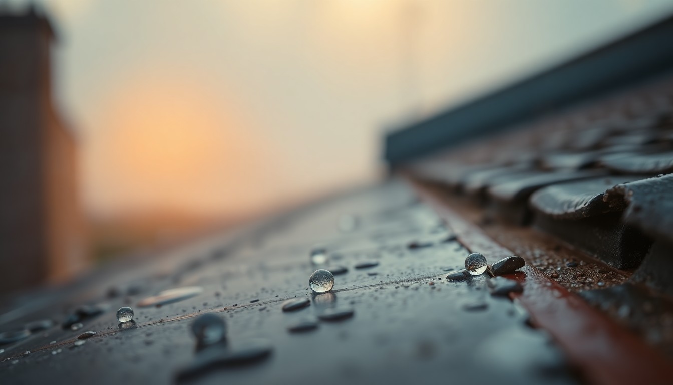 An extremely abstracted, out-of-focus photograph shot through condensation or rain-streaked glass, composed of soft, warm pools of light and color depicting a close-up view of water droplets on a slightly damaged roofing surface, conceptually illustrating the subtle early signs of roofing problems.