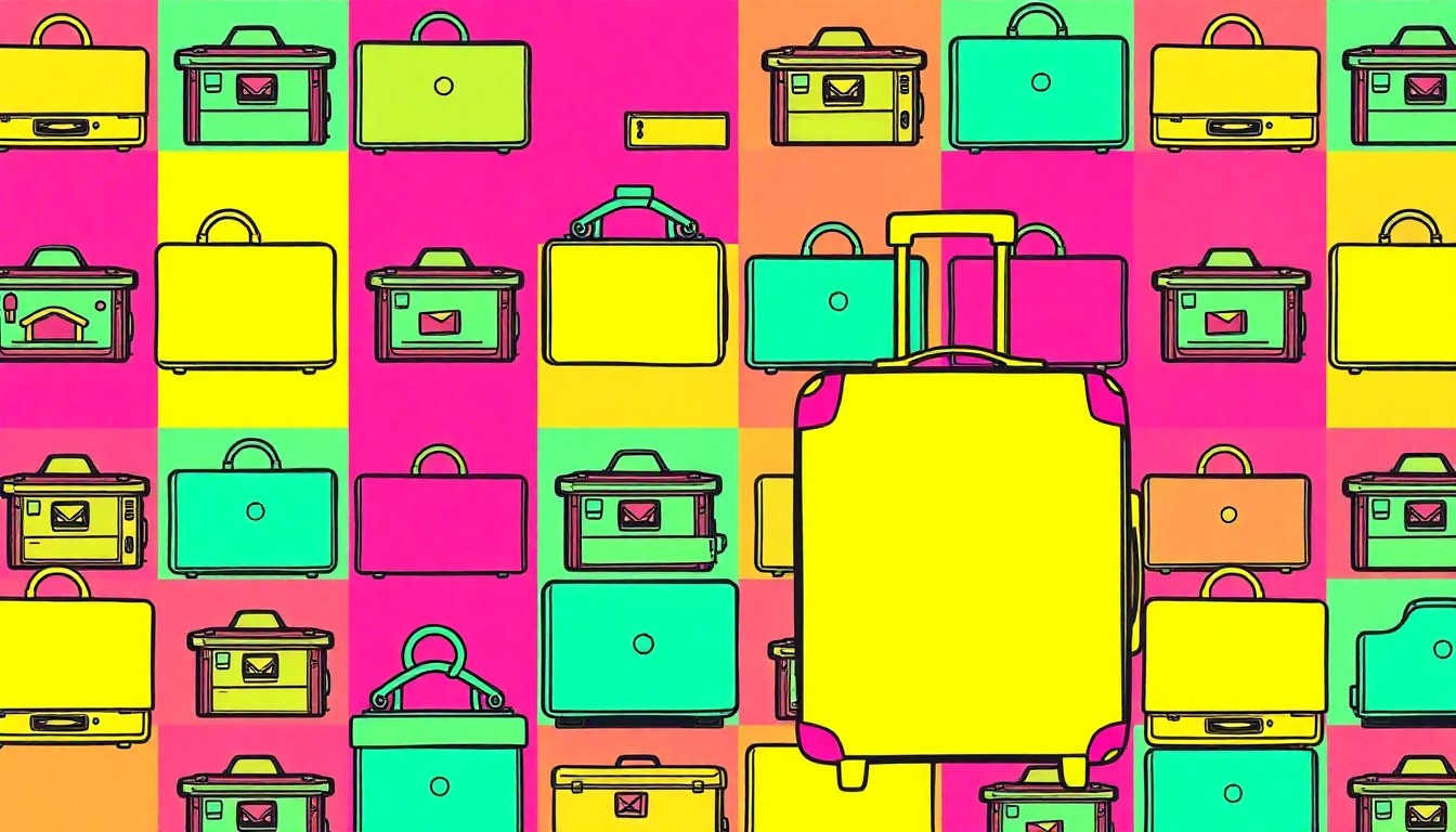 A brightly colored, high-contrast silkscreen print of a suitcase icon repeated in a tight grid pattern, conceptually representing the growth of the short-term rental industry and the tensions it creates in local communities.