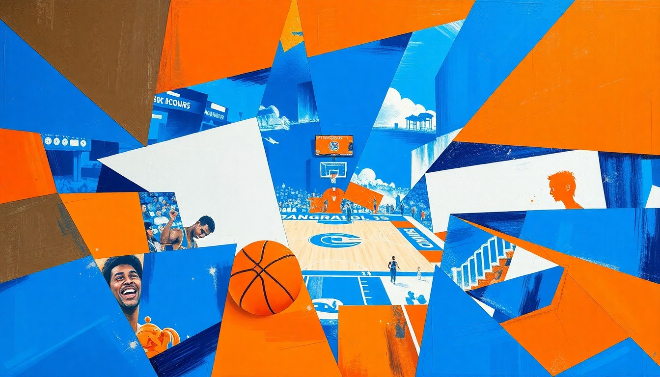 A vibrant, cubist-style painting depicting the action and energy of a college basketball championship game, with the players and court rendered in a fractured, geometric style using bold colors.