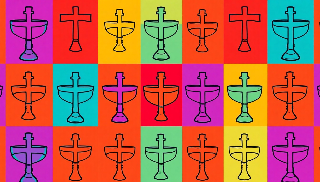 A brightly colored, high-contrast silkscreen print of a single, iconic religious object such as a cross or communion cup, repeated in a tight grid pattern in a neon color palette, conceptually representing the surge of youth engagement with faith in Pittsburgh.