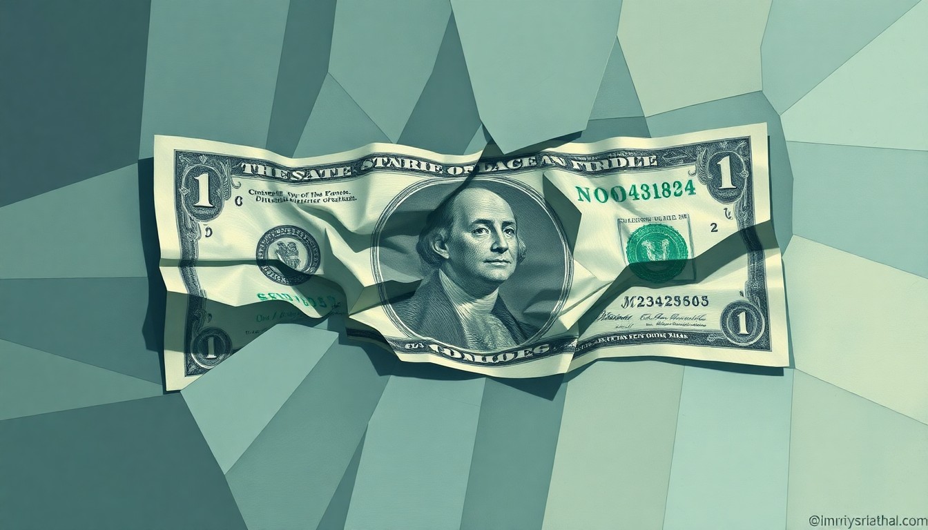 A fractured, abstract painting depicting a crumpled dollar bill in overlapping geometric shapes and muted colors, conceptually representing the failure of political promises to lower the cost of living.