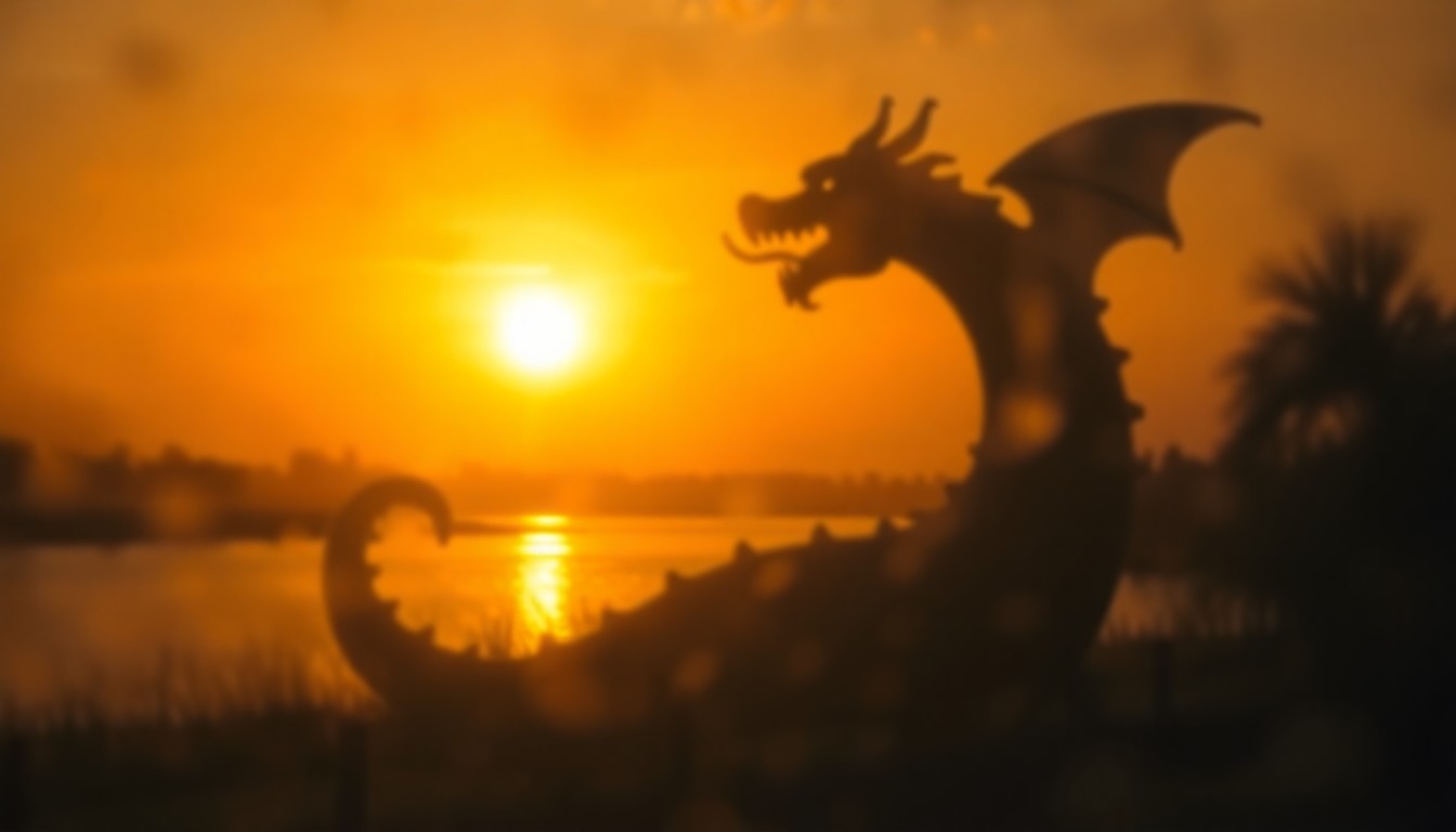 An abstract, impressionistic photograph showing the hazy silhouette of a large dragon sculpture against a warm, glowing sunset over a body of water, conveying a sense of nostalgia and the sculpture's enduring presence in the local community.