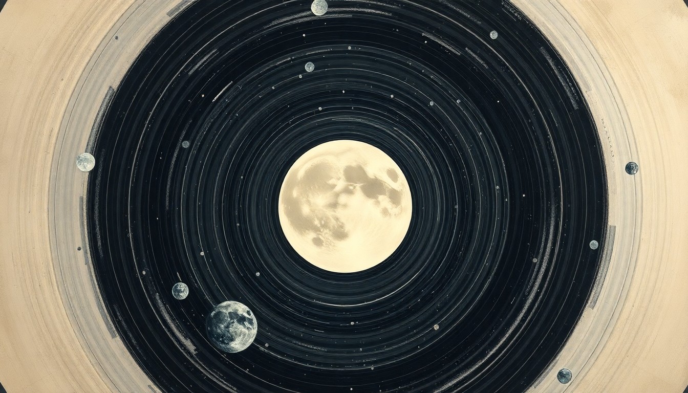 A vibrant, abstract painting in shades of blue, purple, and gold, featuring sweeping geometric arcs and concentric circles that evoke the Artemis spacecraft's journey around the lunar surface.