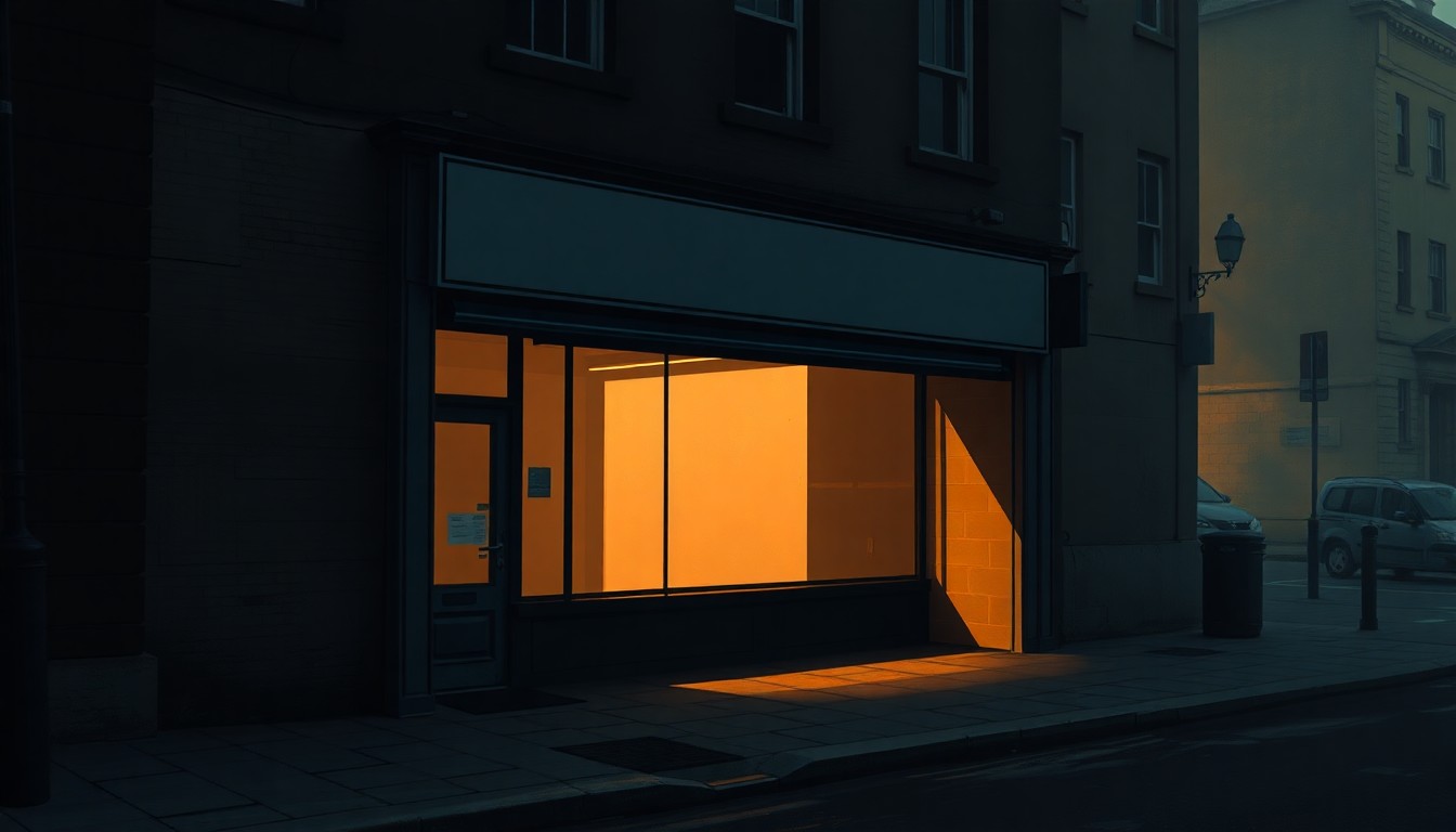 A realistic oil painting depicting an empty, rundown storefront on a quiet city street, with warm sunlight casting long shadows across the scene, conveying a sense of urban decay and neglect.