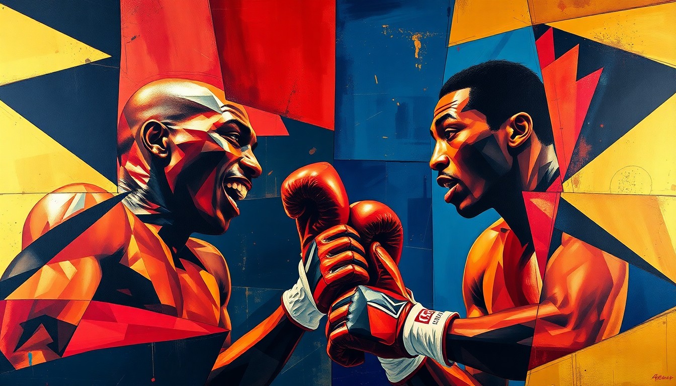 A fragmented, geometric painting in bold colors depicting the action and movement of a boxing match, with the figures of the two fighters broken down into overlapping angular shapes, conveying the competitive intensity of their rematch.